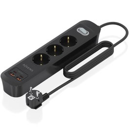 Aisens Regleta con Interruptor ASPS-2A2C11-BK con 3 Tomas de Corriente y 4 Puertos USB, Negro